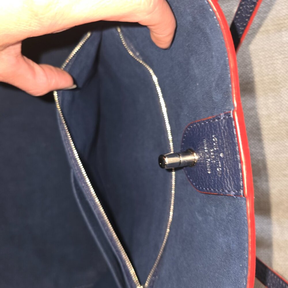 Louis Vuitton Navy Blue Leather Tote with Red Piping & Silver Hardware - Picture 9 of 16